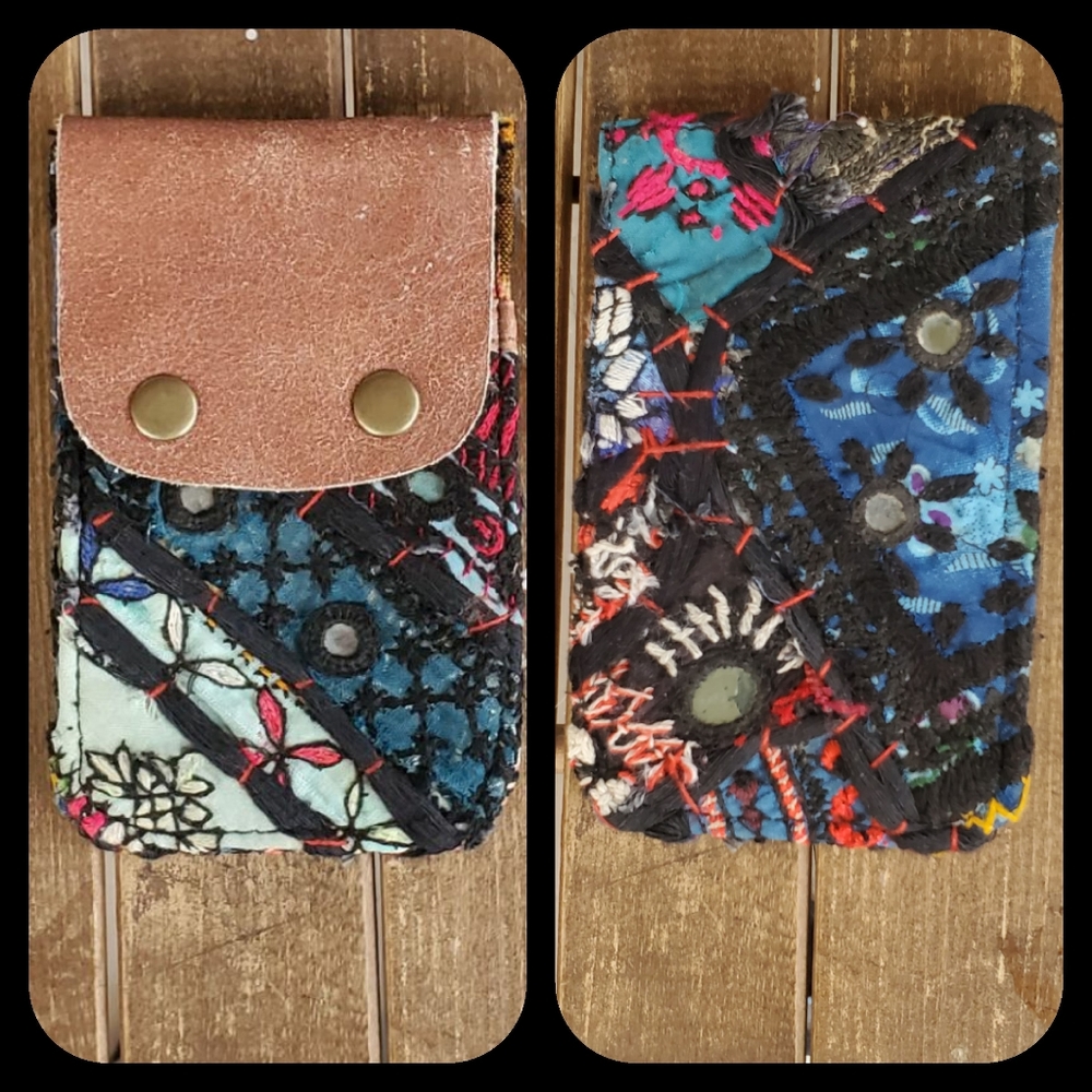 🕺🥂 Free People Boho Embroidered Repurposed vtg banjara hippie Wallet card case